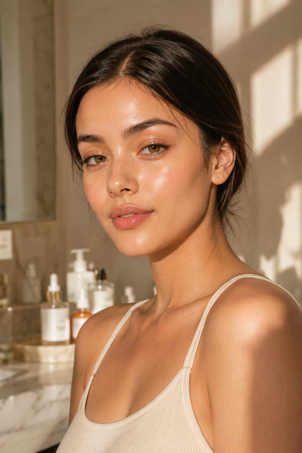 "Woman showcasing the 2026 clean girl aesthetic makeup look with dewy glowing skin, soft blush, and minimal effortless makeup application."