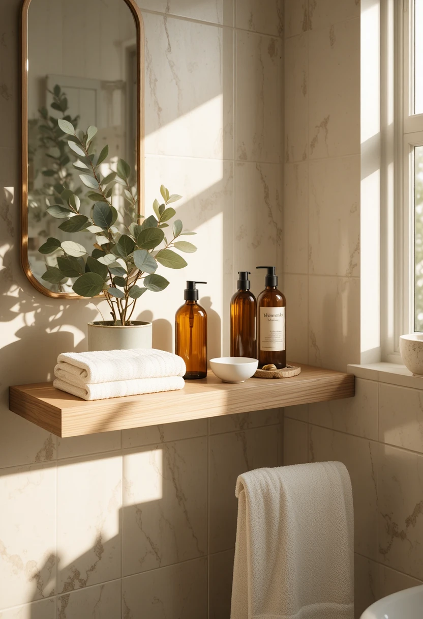 "14 aesthetic bathroom skincare shelfie ideas featuring matching glass bottles, wooden trays, and clean girl styling for an organized display."