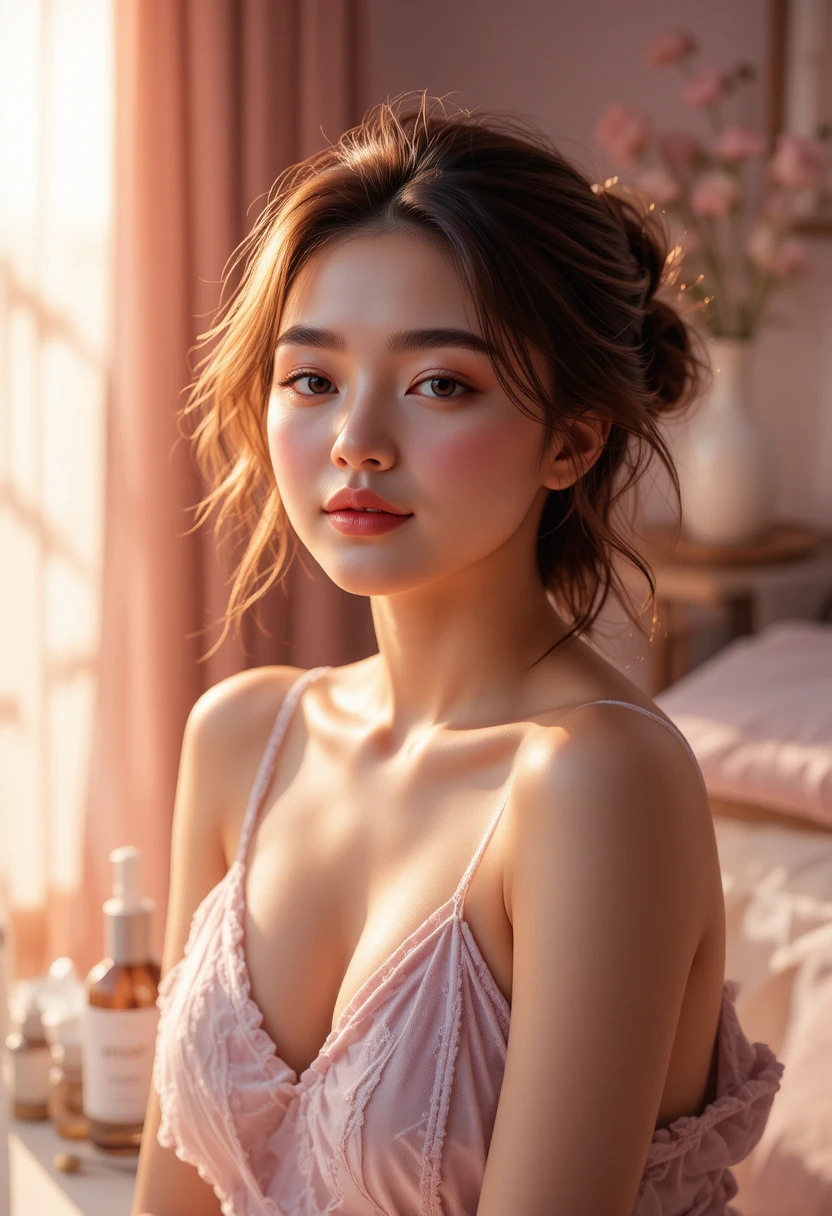 "Soft girl makeup starter kit with dewy highlighter, glossy nude lips, faux freckles, and fluffy lashes for an effortless glowing look."