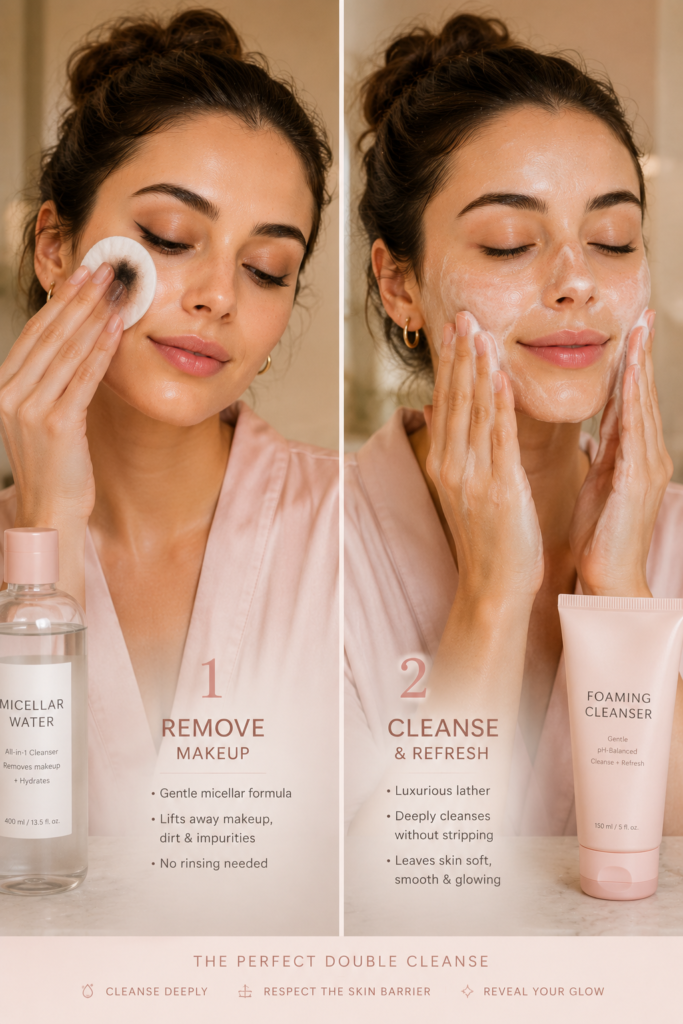 Double cleanse if you wear makeup or SPF.