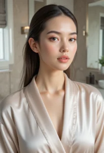 Woman with glowing glass skin demonstrating the 12-step K-beauty skincare routine for a dewy, radiant complexion.