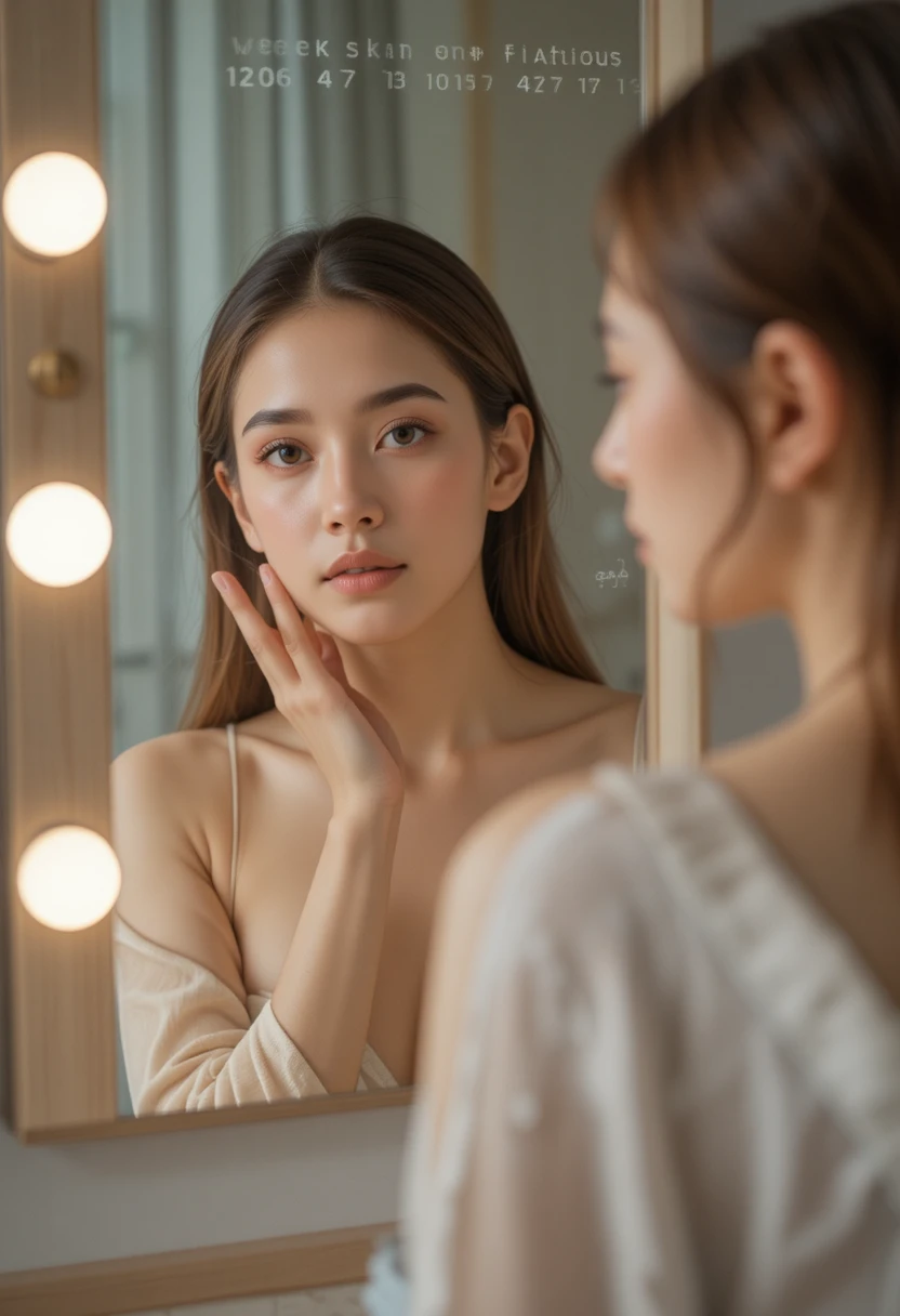 A split-composition realistic photograph showing a close-up of a woman's face on one side displaying subtle skin concerns such as redness, dullness, and breakouts, paired with a softly glowing transparent illustration of a stressed digestive system positioned beside her, connected by a faint golden thread symbolizing the gut-skin link, lit with a clinical yet warm color palette of muted reds, soft blues, and natural skin tones, styled as a modern health-editorial image that visually reveals how internal gut imbalance can manifest as external skin issues.