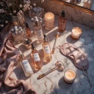"18-step nighttime beauty sleep skincare routine with serums, creams, and self-care tools for glowing skin"
