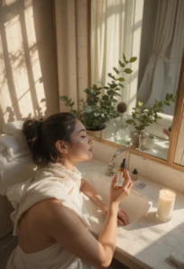 Woman practicing a holistic beauty routine with mindful skincare rituals for radiant, balanced wellness glow