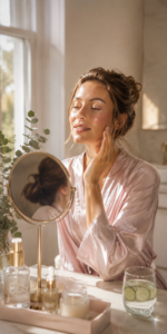 "Woman practicing skincare and self-care routine showing gradual, natural glow from within results"