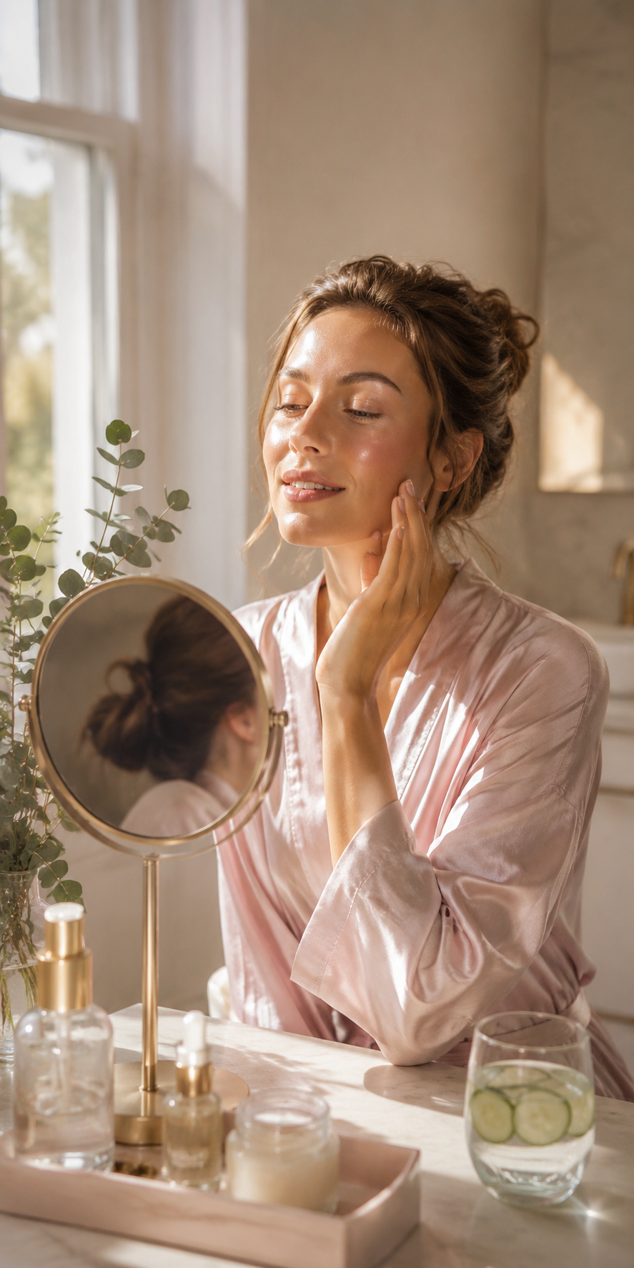 "Woman practicing skincare and self-care routine showing gradual, natural glow from within results"