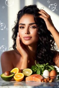 Woman with glowing skin, strong hair, and healthy nails surrounded by essential vitamin-rich foods for beauty and wellness