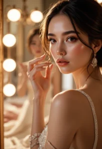 Woman checking a stress-induced breakout in the mirror before a major life event, illustrating why skin breaks out under pressure.