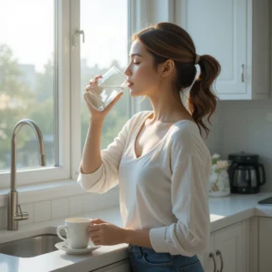 "Woman with glowing hydrated skin holding a glass of water — 25-Day Water Intake Skin Glow Challenge for radiant, healthy skin"