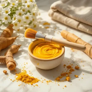 "Golden turmeric face mask applied to glowing skin, showcasing natural skincare benefits for acne scars, redness, and oily skin."