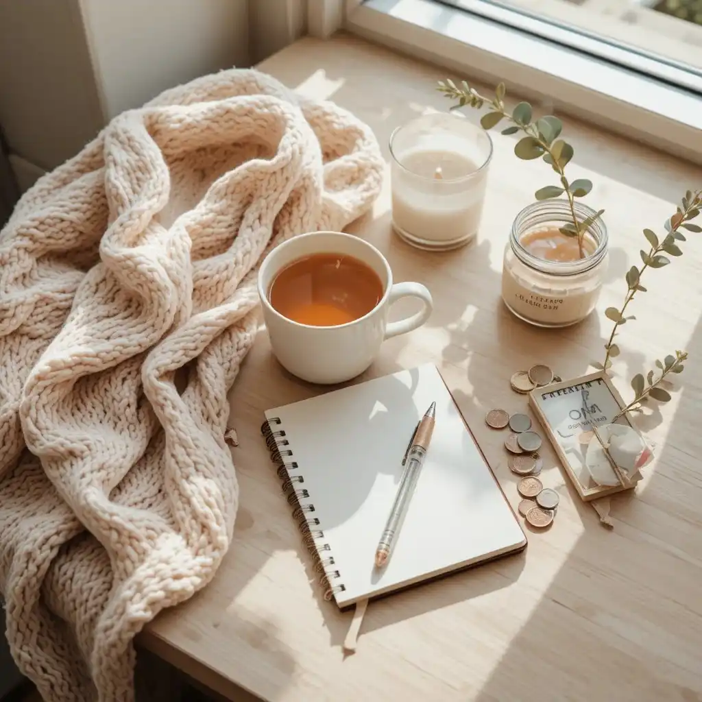 "Affordable self-care routine flat lay with journal, tea, and budget jar for a relaxing, budget-friendly wellness lifestyle"