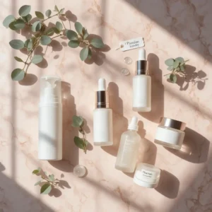 "14 budget-friendly, dermatologist-backed skincare products including cleanser, Vitamin C serum, and retinol arranged on a marble surface for an effective affordable skincare routine."