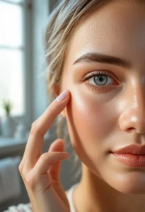 Woman applying natural under-eye wrinkle treatment at home using gentle skincare techniques to reduce fine lines and improve skin elasticity.
