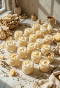 "13 DIY shea butter body butter recipes in glass jars with natural ingredients like coffee, citrus, and arrowroot for all skin types"