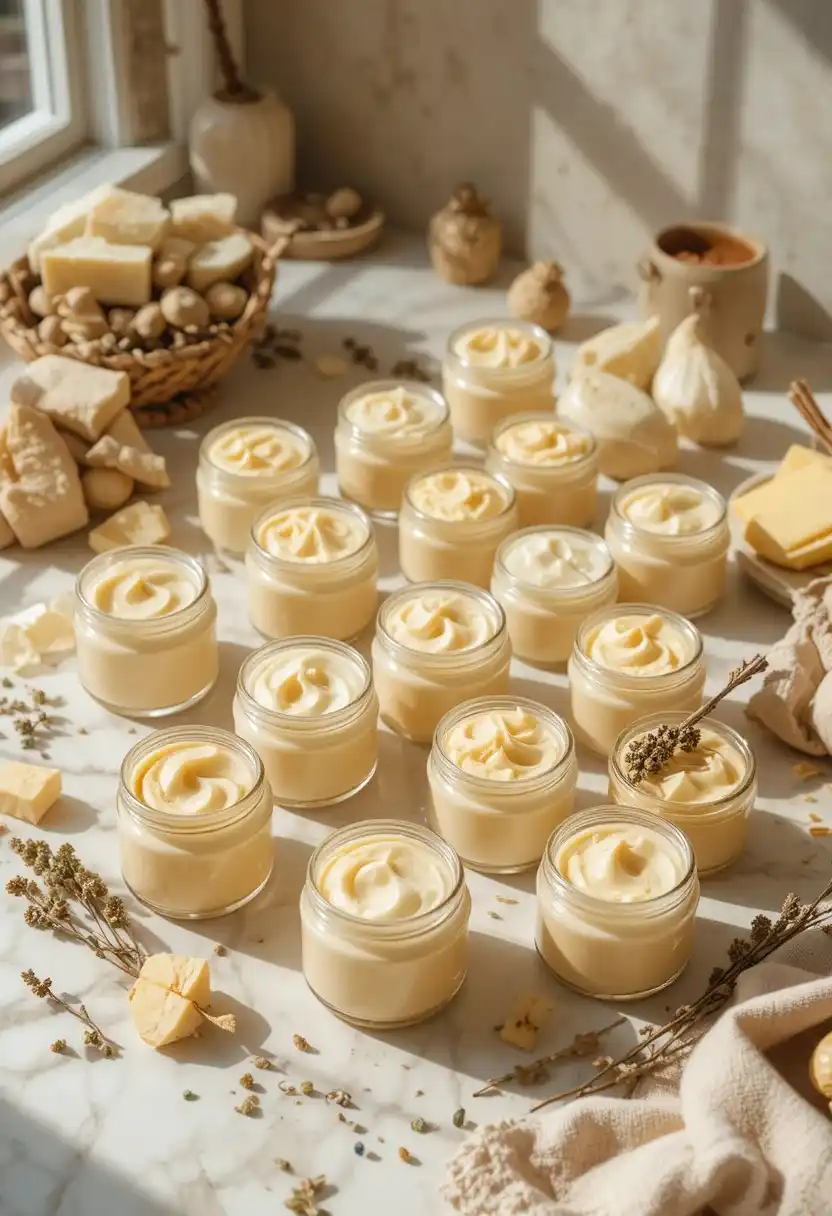 "13 DIY shea butter body butter recipes in glass jars with natural ingredients like coffee, citrus, and arrowroot for all skin types"